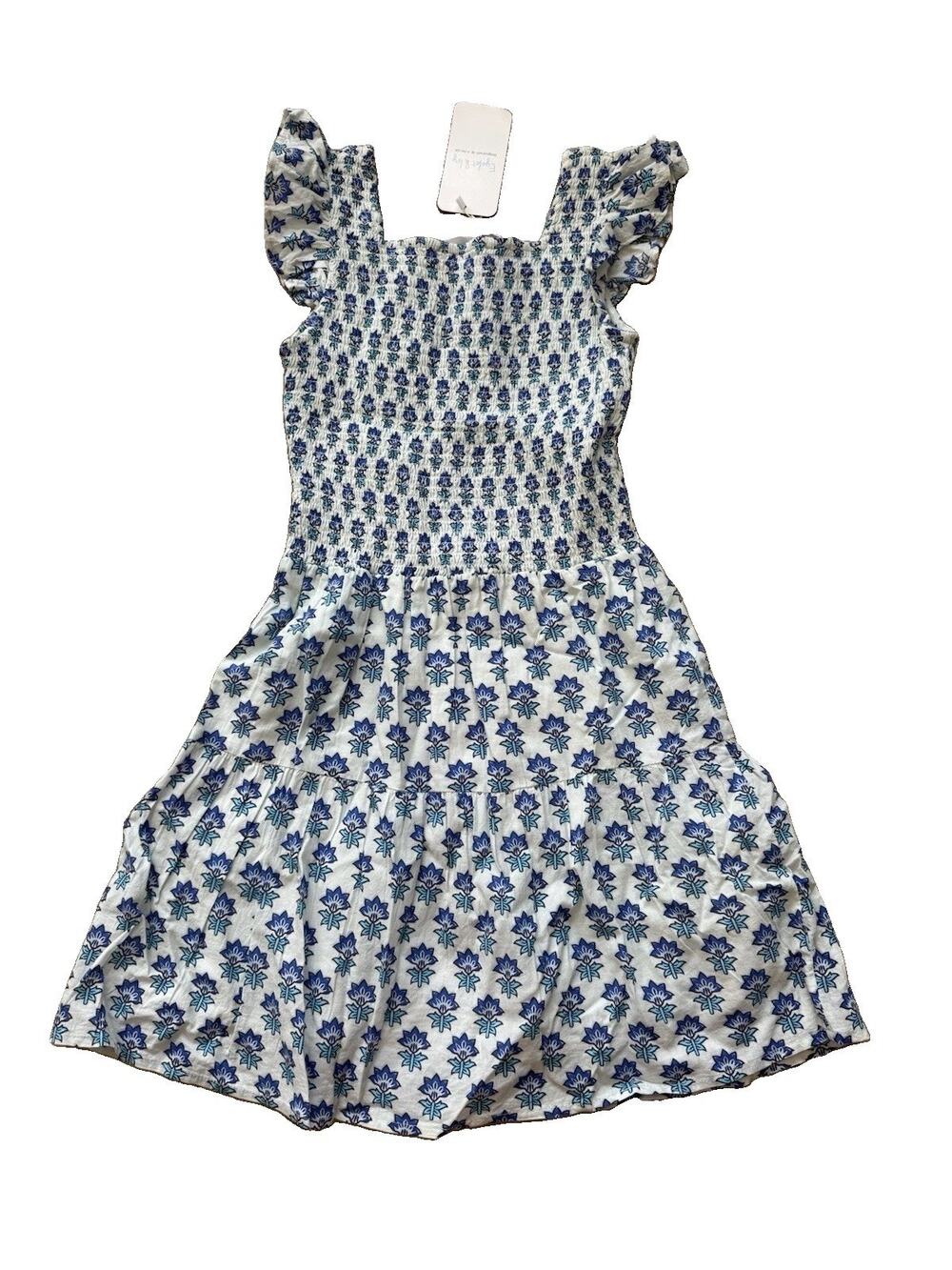 Eyelet & Ivy smocked bodice blue floral-leaf print dress NEW girls size 14